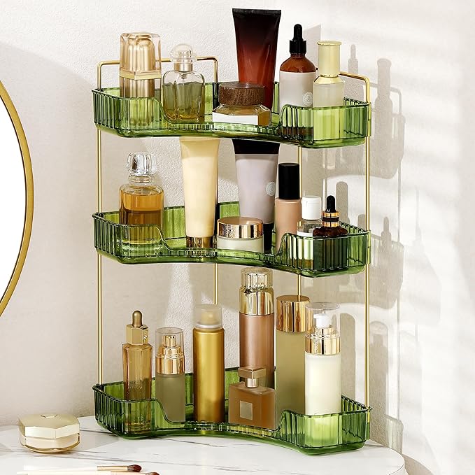 Weidace Corner Bathroom Counter Organizer Bathroom Countertop Shelf Makeup Organizer for Vanity Perfume Tray for Corner Storage (3 Tiers, Green)