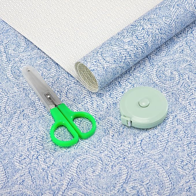 FIFTY FEET 18X288 Inch Shelf Liner with Scissor & Tape Measure for Kitchen Cabinets, PVC Drawer Liner for Dresser Non-Slip Bathroom, Non-Adhesive Cabinet Liner Washable (Pale Blue)