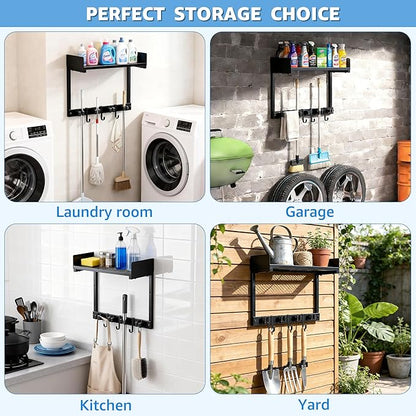 Heavy Duty Broom Holder Wall Mount with Grid Shelf, 4 Adjustable Hooks | All-in-One Cleaning Supplies Organizer for Laundry Room, Garage, Kitchen Storage