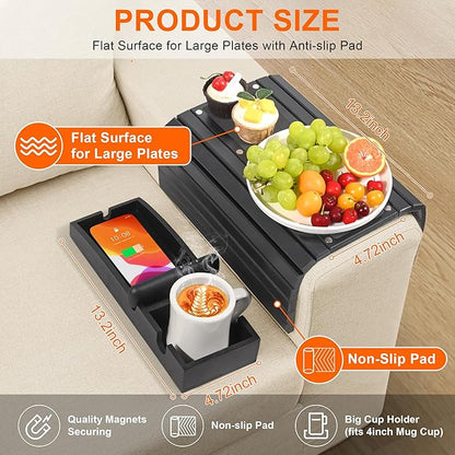 Joy&Grace Couch Cup Holder, 3-in-1 Magnetic Detachable Couch Arm Tray, Bamboo Sofa Armrest Table with Anti-Slip Pad, Sofa Armrest Tray Table (Black)
