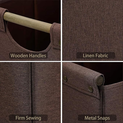 HOONEX Large Collapsible Storage Bins, Linen Fabric, 2 Pack, Storage Baskets with Wooden Carry Handles and Sturdy Heavy Cardboard, for Home, Office, Car, Nursery, Brown