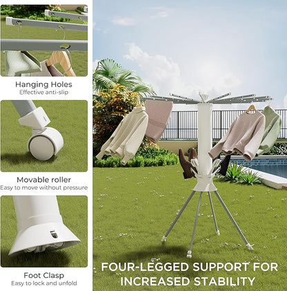 Clothes Drying Rack 4-Legged, Foldable Laundry Drying Racks with Anti-Slip Holes and 4 Pulleys, Shoe Dryer Rack, Outdoor Portable Drying Rack Clothing, Indoor Dry Rack for Clothes, Shoes, Towel