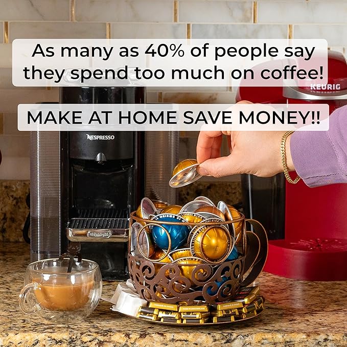 Made Easy Kit Coffee Pod Organizer Compatible with Nespresso Vertuo and Original - Countertop Sculpture Holder Basket Style for Café Bar, Corner Station Office Break Area (Cup & Tray)