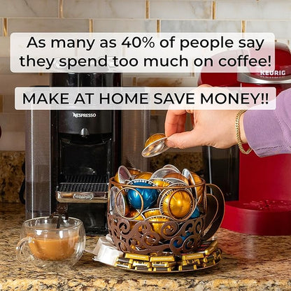 Made Easy Kit Coffee Pod Organizer Compatible with Nespresso Vertuo and Original - Countertop Sculpture Holder Basket Style for Café Bar, Corner Station Office Break Area (Cup & Tray)