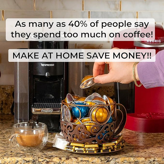 Made Easy Kit Coffee Pod Organizer Compatible with Nespresso Vertuo and Original - Countertop Sculpture Holder Basket Style for Café Bar, Corner Station Office Break Area (Cup & Tray)