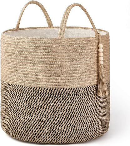 Mkono Woven Storage Basket Decorative Rope Basket Wooden Bead Decoration for Blankets,Toys,Clothes,Shoes,Plant Organizer Bin with Handles Living Room Home Decor, Yellow and Black, 16" W × 13.8"