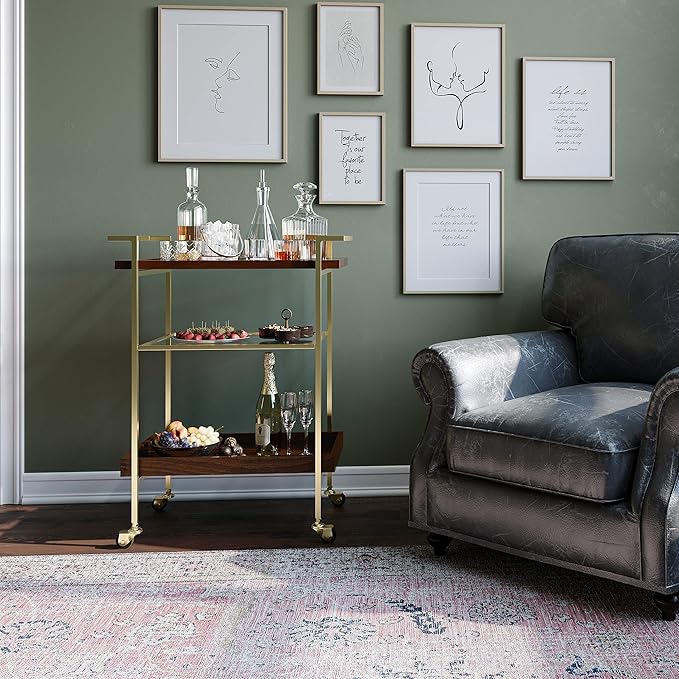 SIMPLIHOME Jace SOLID MANGO WOOD Industrial Contemporary 26 inch Wide Bar Cart in Cognac for the Living room, dining room and kitchen