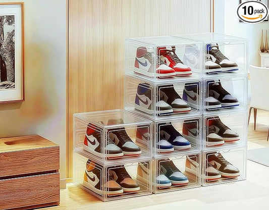JECCICHY 10 Pack Clear Shoe Storage Boxes Stackable, Plastic Shoe Boxes with Lids, Sneaker Storage, Transparent, Thick Hard, Drop Front Door, Within US Size 13, Size: 13.54”x10.63”x7.49”