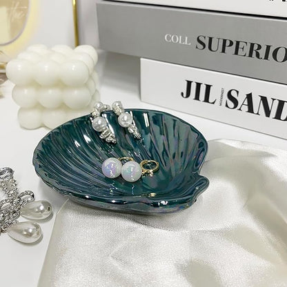 Seashell Trinket Tray, Ceramic Ring Holder Dish for Earrings Necklace, Shell Jewelry Dish Tray, Ocean Room Decor, Birthday Mother's Day Christmas Gift for Women, 3.9", Deep Teal Iridescent Surface