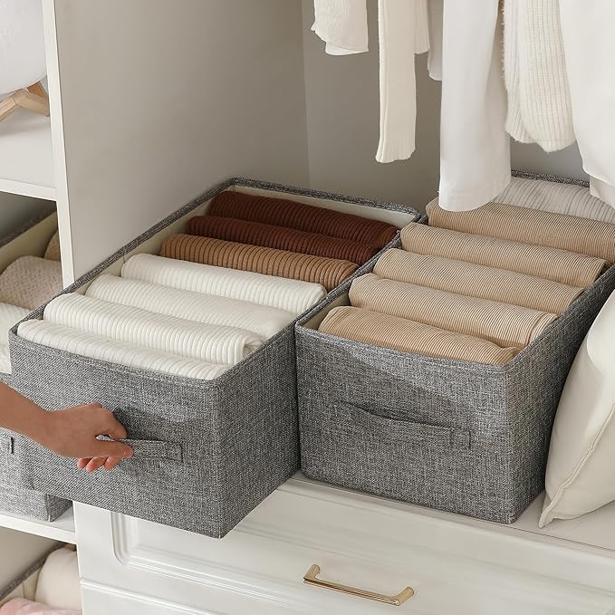 Linen Folding Storage Bins, 3 Pack Large Storage Baskets, Washable, Clothing Storage Bins with Handle, Closet Organizer for Storage Sweater,Sheets(dark grey, 18½"x11" x8½")