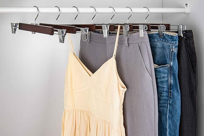 Amber Home 10 Pack 14.17" Solid Walnut Wooden Pant Skirt Hangers, Bottom Hangers for Slacks Trousers Jeans with 2-Adjustable Anti-Rust Clips (Walnut, 10 Pack)