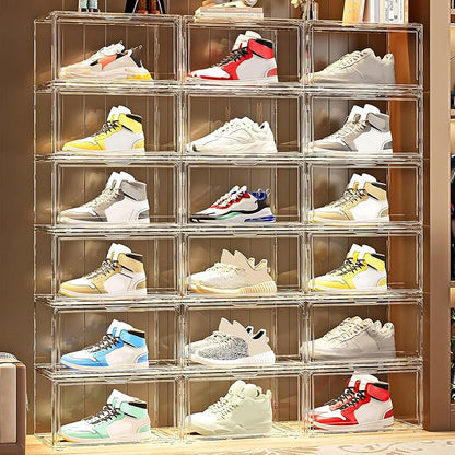 MMBABY 12 Pack Acrylic Clear Shoe Boxes– Ultra Clear Plastic Stackable Sneaker Storage For Sneakerhead. Professional Grade Shoe Display Case with Magnetic Door.Fits US Size 15