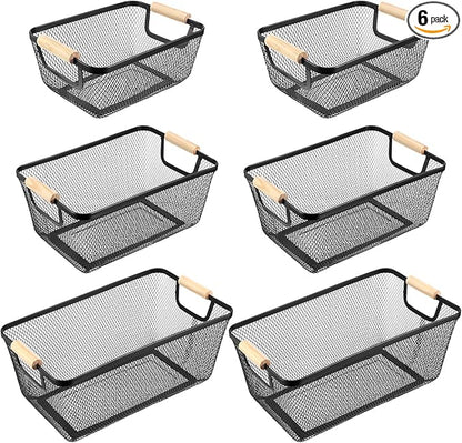 Maxcheck 6 Pack 3 Size Metal Wire Baskets with Wooden Handles Black Steel Mesh Storage Dog Toys Bins Organizer Containers for Home Pet Toys Storage Cabinets Pantry Closet Kitchen Makeup Rectangle