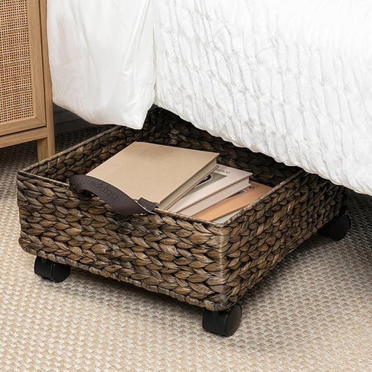 happimess BSK2014B Adaline 18.11" Classic Farmhouse Handwoven Hyacinth Rectangular Underbed Storage Bin with Wheels and Handles for Storage and Decoration in Bathroom, Bedroom, Closet, Entryway, Brown