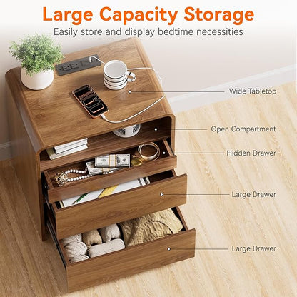 23.8" Modern Nightstand with Hidden Drawers Walnut Night Stand with Charger Station Mid Century Bedside Table Curved Wood Side Table for Bedroom Dorm
