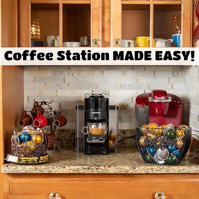 Made Easy Kit Coffee Pod Organizer Compatible with Nespresso Vertuo and Original - Countertop Sculpture Holder Basket Style for Café Bar, Corner Station Office Break Area (Mountable Mug Black)
