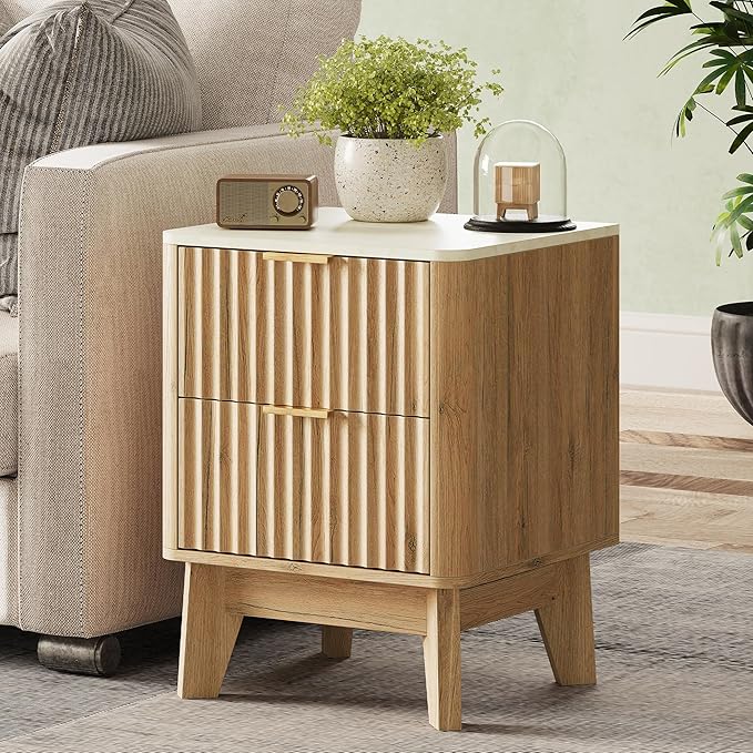 TROJM Fluted Nightstand with Faux Marble Top,Modern End Table with Metal Handles,2 Storage Drawers Side Table, Bedside Table for Bedroom,Living Room, Curved Profile Design Furnitue, Natural Oak