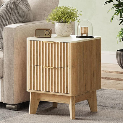 TROJM Fluted Nightstand with Faux Marble Top,Modern End Table with Metal Handles,2 Storage Drawers Side Table, Bedside Table for Bedroom,Living Room, Curved Profile Design Furnitue, Natural Oak