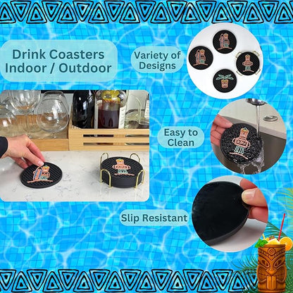 Tiki Bar Warriors Coasters Set of 6 with Holder, Bar Decor Silicone Coasters with Welcome, Aloha and Warrior, Luau and Hawaiian Decor Black Coaster, Outdoor Tiki Rubber Decorations