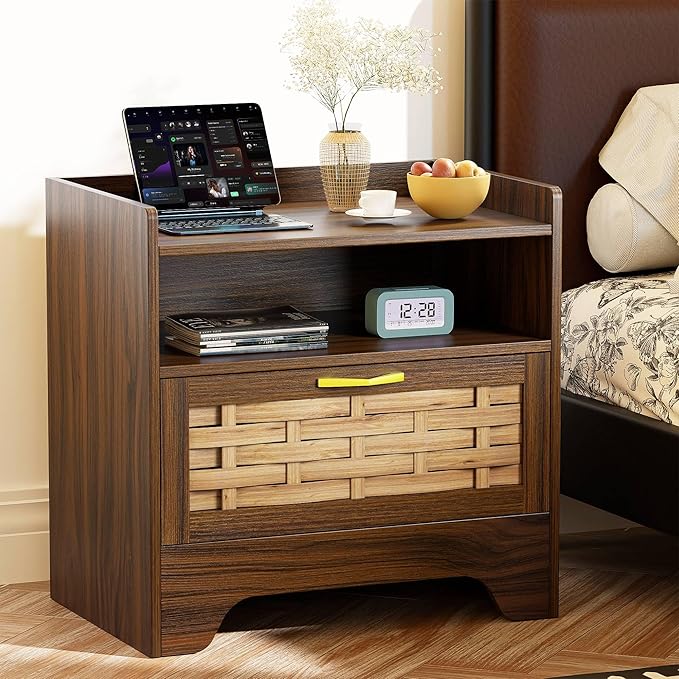 HOCAT 24" Rattan Nightstand with Storage Drawer, Walnut Bedside Table with Semi Open Cubby, Boho Night Stand with Farmhouse Arched Base for Bedroom, Side Table, End Table for Dorm