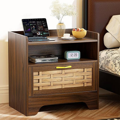 HOCAT 24" Rattan Nightstand with Storage Drawer, Walnut Bedside Table with Semi Open Cubby, Boho Night Stand with Farmhouse Arched Base for Bedroom, Side Table, End Table for Dorm