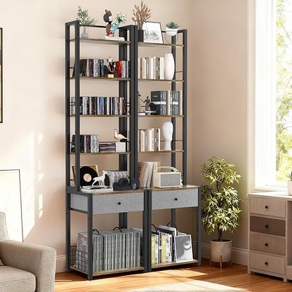 CD Storage Rack, 6-Tier DVD Organizer Shelf with Drawer & Adjustable Book Stoppers, Vinyl Record Holder &Multi-Purpose Media Organizer, Ideal for Living Room/Home Office,15.7x11.8x64.3Inch