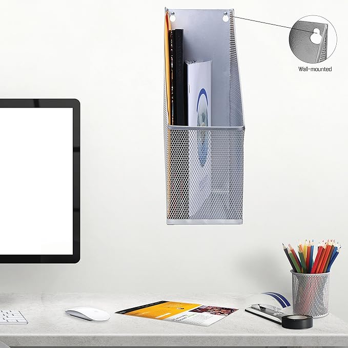 YBM HOME Steel Mesh Wall Magazine File Holder for Home & Office Organization, Serves as a Magazine Rack, Desk Organizer, Letter and Mail Bin, Holds Up to 20 Magazines - 6-Pack Silver, 1111