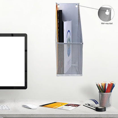 YBM HOME Steel Mesh Wall Magazine File Holder for Home & Office Organization, Serves as a Magazine Rack, Desk Organizer, Letter and Mail Bin, Holds Up to 20 Magazines - Silver