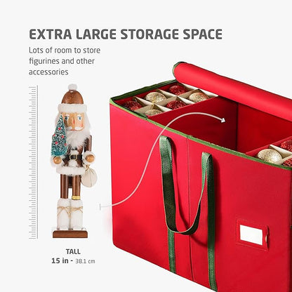 ZOBER Large Christmas Ornament Storage Box - Stores 80 3" Ornaments, With Dividers - With Large Compartment for Figurines, and Accessories, Durable Christmas Containers Holder (Red, 80-3" Ornaments)