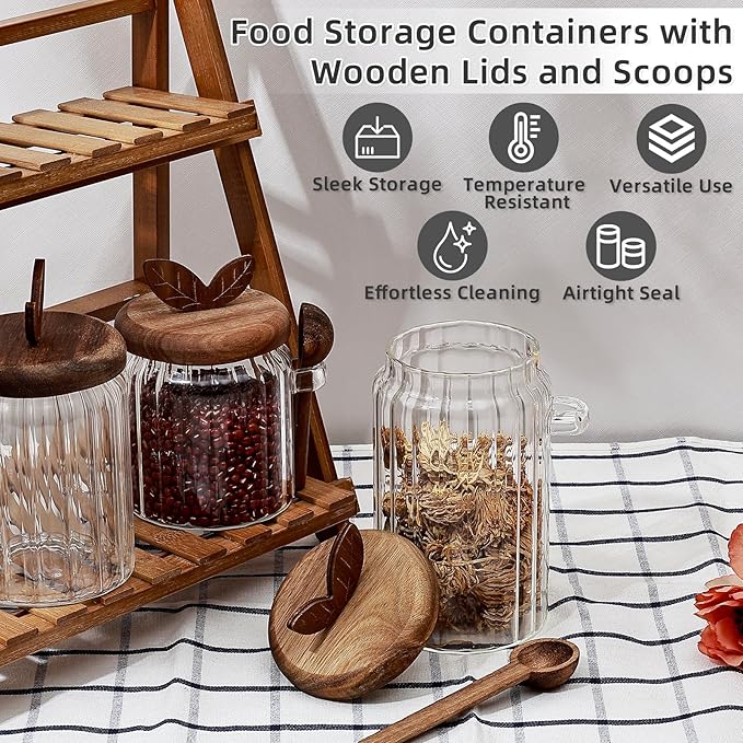 Koythin Food Storage Containers with Wooden Lids and Scoops, Ribbed Glass Jars with Airtight Lids, Bath Salt Container with Scoop, Kitchen Canisters for Coffee, Sugar, Spice (Vertical Stripe, 27 oz)