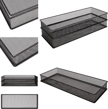Annova Mesh Stackable Drawer Cabinet and Shelf Organizer Bins Storage Basket School Office Supply Holder Tray- Set of 2 (Black, 6x15x2 Inch)