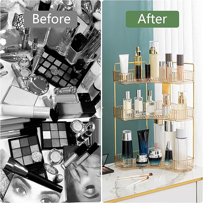 Weidace Corner Bathroom Counter Organizer Bathroom Countertop Shelf Makeup Organizer for Vanity Perfume Tray for Corner Storage (3 Tiers, Gold)