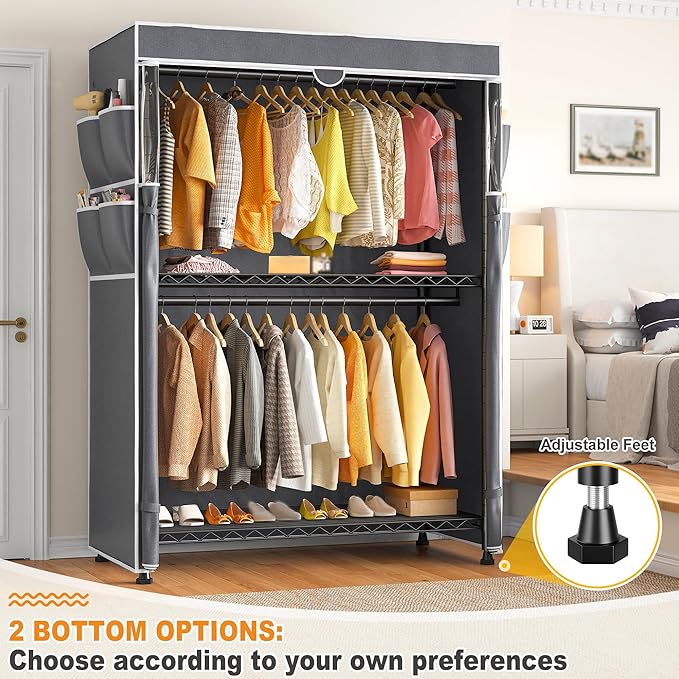 Raybee Clothes Rack with Cover, 81" H Clothing Racks for Hanging Clothes, Portable Closet with Wheels, Heavy Duty Garment Rack with Side Pockets and Adjustable Feets, Max Load 440LBS, Black