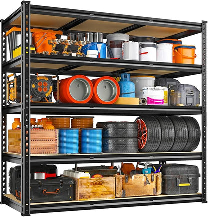 REIBII 48" W Garage Shelving 3020LBS Storage Shelves 5 Tier Industrial Shelving Adjustable Metal Storage Shelves for Garage, Basement, Warehouse, Commercial, Easy Assemble, 48" W x 72" H x 24" D, 2PC