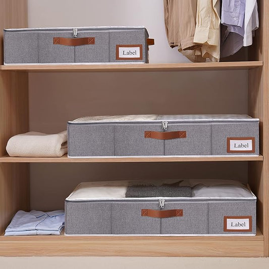 Yawinhe Under Bed Storage, 4 Pack Closet Organizers, Collapsible Container Bags, with Sorting Card Slot and 4 Leather Handles, for Blanket, Bedding, 23.6''Lx11.8''Wx6''H, Grey