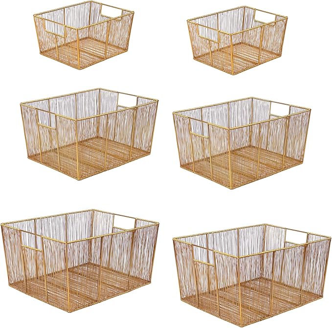 happimess BSK3000D-6SET Sutton Modern Glam Nesting Wire Metal Storage Baskets for Shelves, Cabinets, Pantry, Countertop, Mesh Open Bin Basket for Organizing Supplies, Gold (Set of 6)