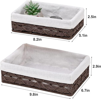 Small Storage Basket With Liner,Wicker Decorative Basket for coffee table,RectangleTray,Bathroom Countertop Organizer，rectangle Kitchen Drawer Organizer Storage Set of 2 Brown