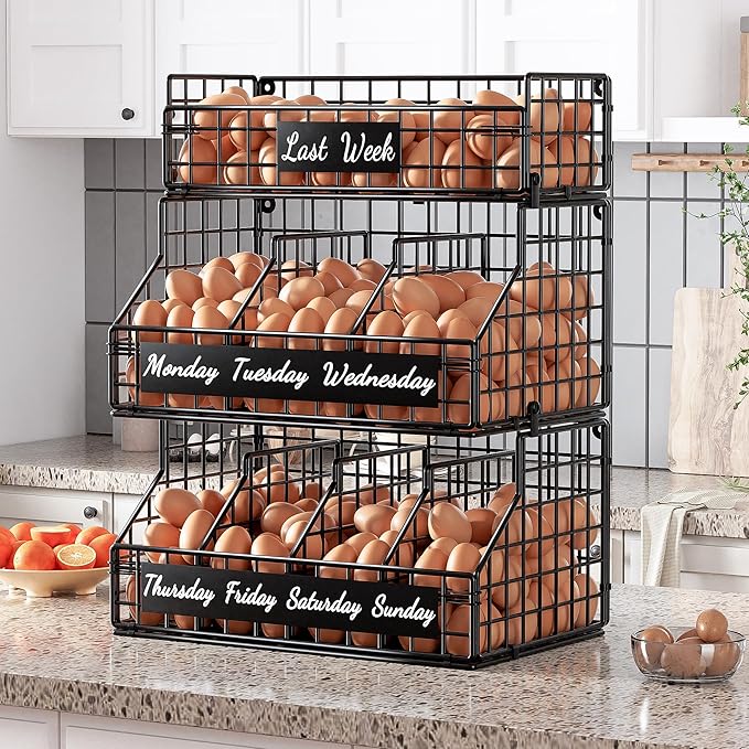 Egg Basket for Countertop, Egg Holder Countertop with 5 Dividers & Labels, 3 Tier Stackable Wire Storage Baskets to Keep Eggs Organized, Egg Organizer Decorative Rack for Kitchen & Home, Black