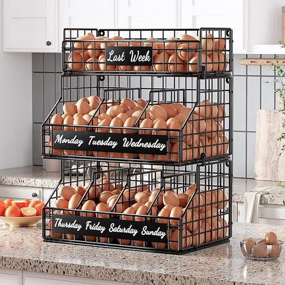 Egg Basket for Countertop, Egg Holder Countertop with 5 Dividers & Labels, 3 Tier Stackable Wire Storage Baskets to Keep Eggs Organized, Egg Organizer Decorative Rack for Kitchen & Home, Black