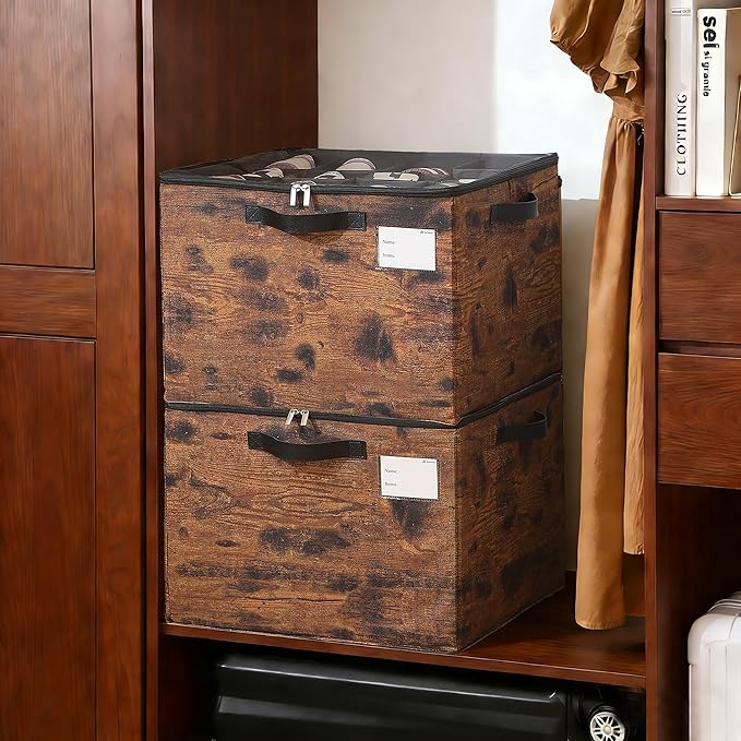 Varhomax Shoe Organizer Box for Closet 2 Pack, Fabric Shoe Storage Bin with Adjustable Dividers & Clear Cover, Holds up 16-32 Pairs of Sneakers & Sandals for Entryway, Cubby (Rust Brown)