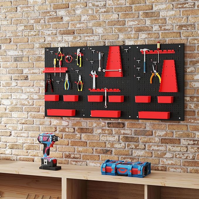 Tool Pegboard Organizer, 4 FT Metal Pegboard Wall with Hooks, Storage Bins & Tool Holders, Peg Board Kit Garage Storage System for Workbench Shed, Craft Room & Workshop (Black+Red)