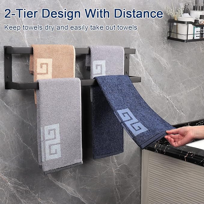 NearMoon Bathroom Towel Bar, Towel Rod Holder, Square Shelf Rack Hanging Towel for Bath, Thicken SUS304 Stainless Steel Towel Rack Wall Mounted-2-Tier Bath Accessories (24 Inch, Matte Black)