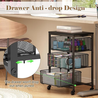 Under Desk Storage Cart with Lockable Wheels, 3-Drawer Rolling Storage Cart, Metal Utility Cart with Drawers for Art Cart, Craft Cart, Classroom, Office, Kitchen, Bedroom