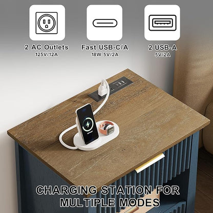 HIFYOBRO Fluted Nightstands with Charging Station & Motion Sensor Light, Modern Bedside Tables with 2 Drawers and Storage Shelf for Bedroom,Blue
