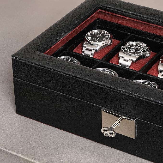 ROTHWELL 10 Slot Leather Watch Box - Luxury Case Display Jewelry Organizer - Locking Watch Display Case Holder with Large Glass Top - Box Organizer for Men and Women (Black/Red)