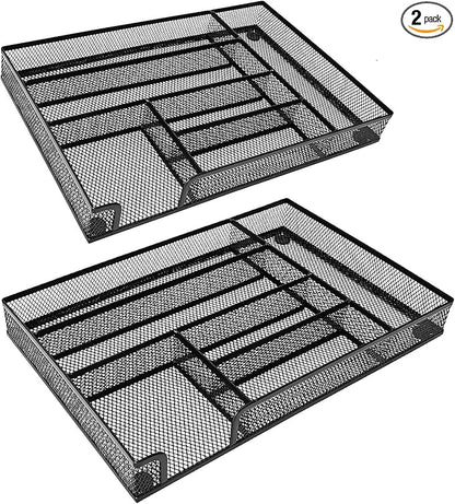 2-Pack Metal Mesh Desk Drawer Organizer Tray Set, 6-Compartment Office Drawer Organizer for Pens Supplies, 12.6"x8.27"x1.57" Black