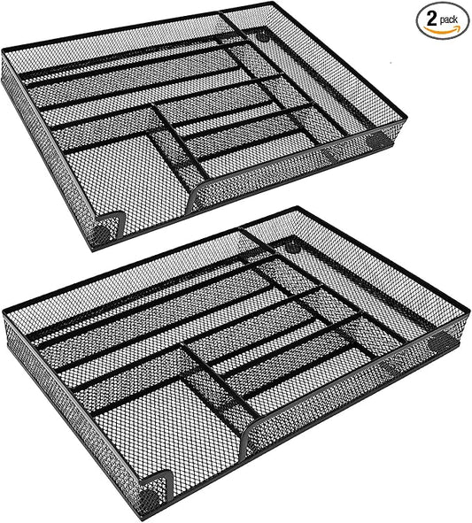 2-Pack Metal Mesh Desk Drawer Organizer Tray Set, 6-Compartment Office Drawer Organizer for Pens Supplies, 12.6"x8.27"x1.57" Black