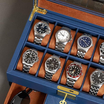 ROTHWELL 10-Slot Watch Box in Leather with Valet Drawer, Luxury Watch Case Display Organizer with Ultra Soft Microsuede Liner, Jewelry and Sunglass Holder With Large Glass top (Blue/Tan)