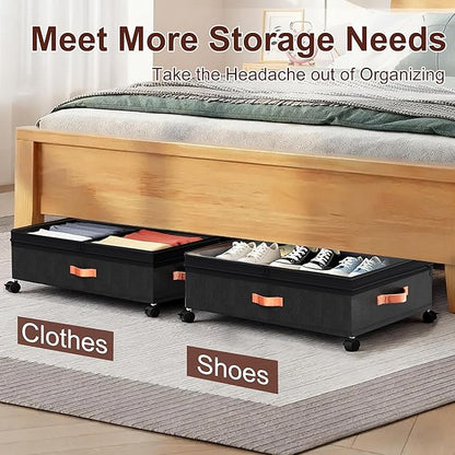 VXEAPADE 2 Pack 70L XXL Under Bed Storage with Wheels - Extra Large UnderBed Storage Containers with Clear Lid & Label, Rolling Storage Bins for Clothes, Shoes, Blankets - Black