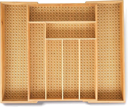 Bamboo & Rattan Expandable Drawer Organizer – Rustic Wood Utensil Holder, Cutlery Tray for Kitchen & Office – Adjustable Width 13" to 22", Size 13"x18"x2.6"